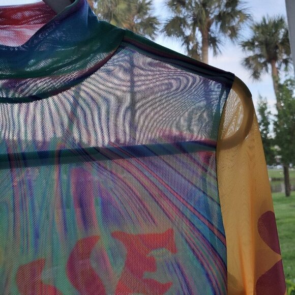 SHEIN Mesh Y2K Love Smiley face Psychedelic Mock Neck Colorblock Graphic Top S - Picture 6 of 11